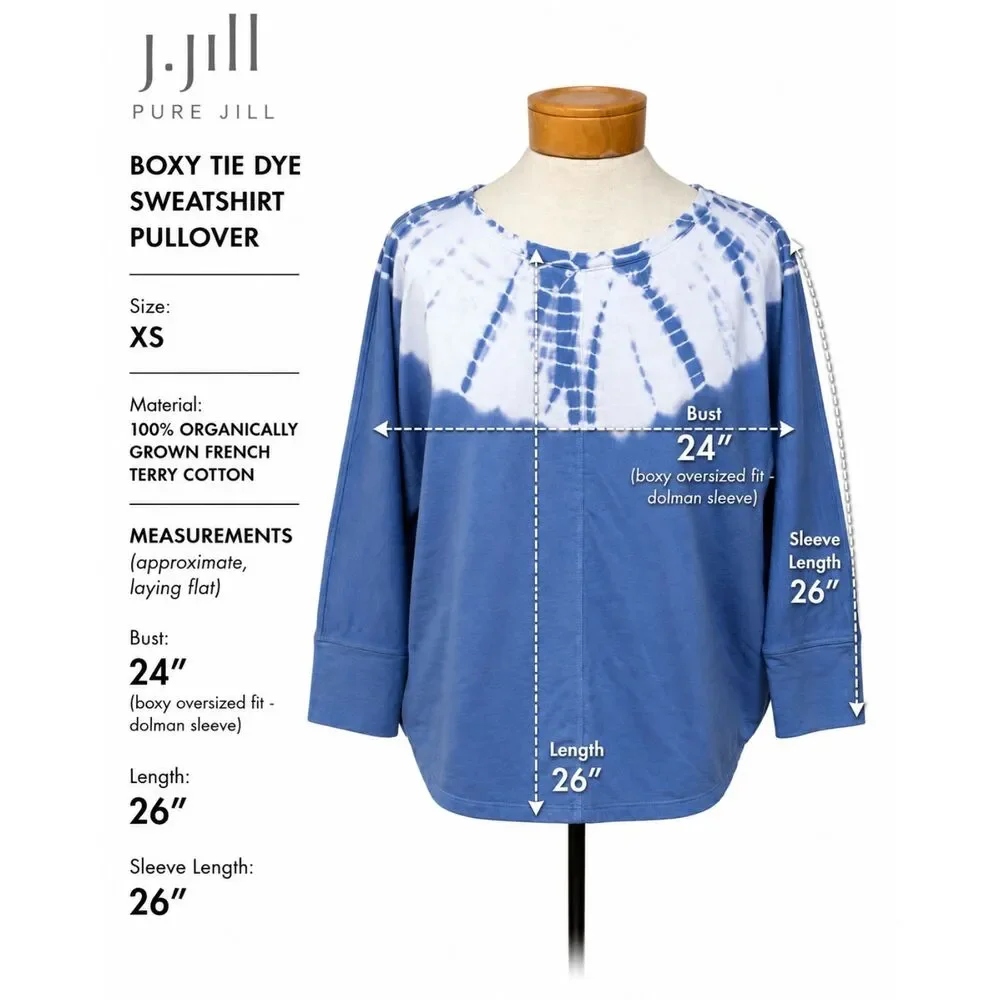 Pure Jill J.Jill Tie Dye Sweatshirt XS Blue White Organic Cotton Dolman Pullover